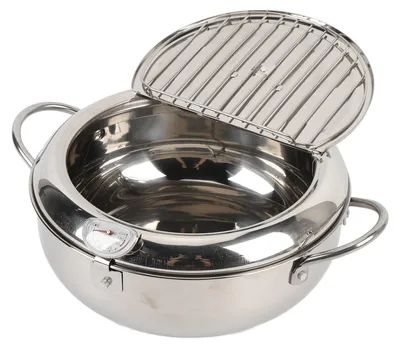 Obrázek produktu pro Nerezová fritéza s víkem s teploměrem, odkapávací miskou a multifunkčním košíkem na smažení brambor a kuřete, 24 cm