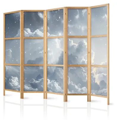 Immagine prodotto di Pannello divisorio giapponese, 5 ante, pieghevole, realizzato in tessuto non tessuto di alta qualità, con motivo di nuvole e stelle, ideale per l'ufficio, dimensioni 225 cm x 172 cm