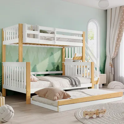 Produktbild von Flieks Etagenbett 90x200/120x200cm mit Ausziehbett, Hochbett mit Treppe und Schubladen, Kinderbett mit Rausfallschutz und Lattenrost, Stockbett Weiß