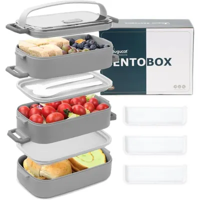 Zdjęcie produktu dla Pudełko na lunch 2400 ml, 3 w 1, typu Bento, szare, plastikowe, z przegródkami i zestawem sztućców, szczelne