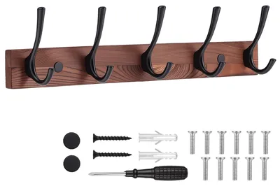 Obrázok produktu pre Nástenný vešiak z dreva, 40 cm, 5 háčikov, vhodný do kuchyne