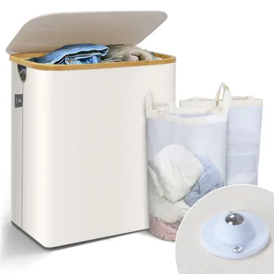 Produktbild von VOUNOT® Wäschekorb mit Deckel & Wäschesäcke 145L, Faltbarer Wäschesammler 2 Fächer, Beige