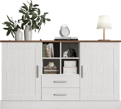 Obrázok produktu pre Príborník Sweiko 140 x 40 x 79,5 cm, biela a hnedá kresba dreva - 2 dvierka, 2 zásuvky