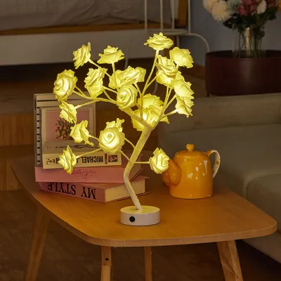Produktbild von LED Rosenlampe Künstlich USB Batteriebetrieben, Nachttischlampe Nachtlicht Stimmungslicht Warmweß,Rosenbaum Lampe Innen Dekobeleuchtung,Weiße Rosen und Weiße Basis