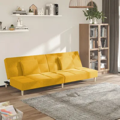 Immagine prodotto di Divano letto 2 posti con 2 cuscini, colore giallo, rivestito in tessuto