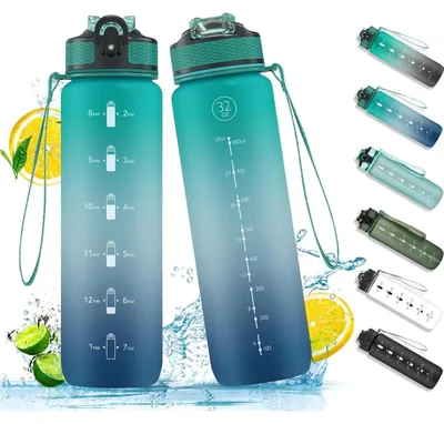 Imagen del producto de Botella de agua NAVTUE de 1 litro con pajita, marcas de tiempo, a prueba de fugas, sin BPA, de Tritan, ideal para deportes, escuela, ciclismo y correr (verde y azul)