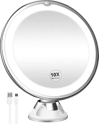 Obrázek produktu pro 10x zvětšovací, osvětlené kosmetické zrcátko, dobíjecí, 3 barevné režimy, rotace o 360°, silná přísavka, přenosné, bezdrátové kosmetické zrcátko na stůl, zeď, do koupelny, sprchy a na cesty