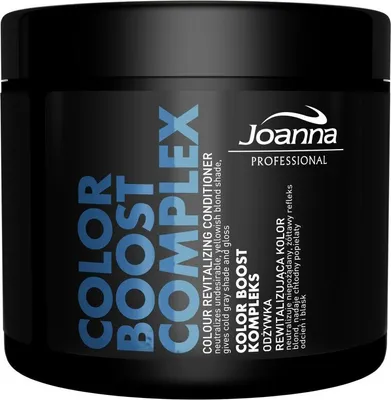 A black jar of Joanna Professional Color Boost Complex conditioner against a black background.