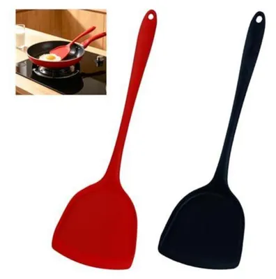 Productafbeelding van Set van 2 siliconen spatels/pannkoekschepjes, hittebestendig, antiaanbaklaag, zwart/rood, 32,5 cm
