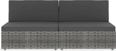 A two-seater modular sofa made of poly rattan with dark gray cushions, shown from the front.