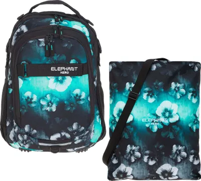 Produktbild von Rucksack Mädchen 2 Teile Set Elephant Hero Signature Schultasche Schulrucksack mit Turnbeutel 12805 Flower Türkis-Schwarz Verlauf rt