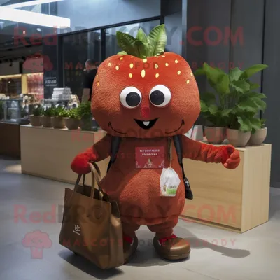 Produktbild von Rust-Erdbeer REDBROKOLY Maskottchen kostüm gekleidet mit einem T-Shirt mit V-Ausschnitt und Handtaschen