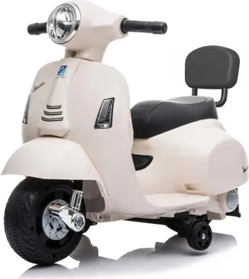 A white children's electric scooter designed to look like a Vespa.