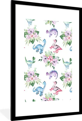 Produktbild von MuchoWow® Gerahmtes Poster Kinderzimmer - Farben - Dinosaurier - Kinder - Rosa - Kinder 60x90 cm - Poster mit Schwarzem Bilderrahmen Wandposter Rahmen Foto Bilder - Dekoration - Wandposter Wohnzimmer - Hochwertig