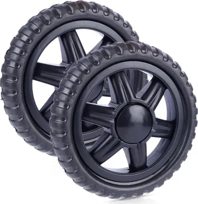 Two black wheels for a shopping trolley.