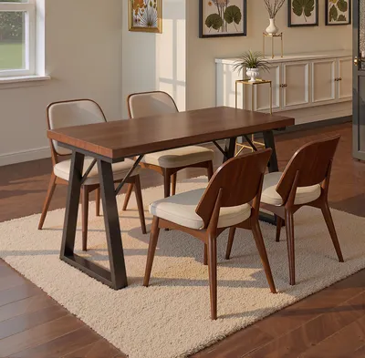 A dining table with chairs in a well-lit room.