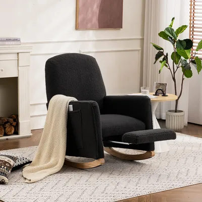 Produktbild von Abrihome Schaukelstuhl mit Hocker aus Teddy-Stoff, Relaxsessel mit hoher Rückenlehne für Wohnzimmer - Dunkelgrau