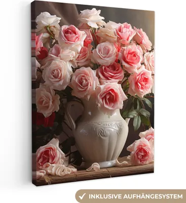 Produktbild von MuchoWow® - Leinwandbilder - Blumen - Rosen - Vase - Stilleben - Blumenstrauß, Wandbild, Wanddeko Bilder Wohnzimmer, 60x80 cm