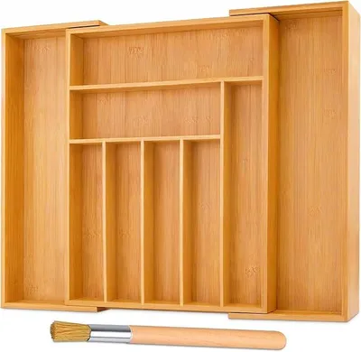 Produktbild von PolkaHome® Bambus Bestecklade, Bambus Besteckkasten, 7-9 Fächer, ausziehbar 32-52 x 41 x 5 cm
