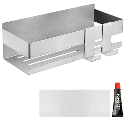 Productafbeelding van Doucheplankje zonder boren, zelfklevend, roestvrij staal, met 2 haken, 22x9x7,5 cm
