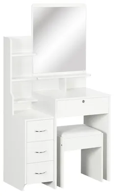 Produktbild von Moderner Schminktisch mit Hocker und Spiegel, 4 Schubladen und 4 F?chern, 80 x 38 x 143 cm, Wei?