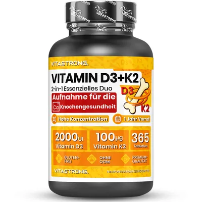 Obrázok produktu pre Vitastrong Vitamin D3 + K2 – Podporuje zdravie kostí a vstrebávanie vápnika – Prispieva k funkcii svalov a imunitného systému