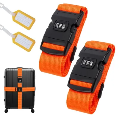 Image de Sangle de valise avec cadenas - Lot de 2 - Orange - Avec 2 étiquettes d'identification