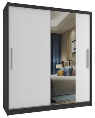 Image de BELINI Verona : Armoire coulissante de 133 cm, noire et blanche, finition mate. Armoire avec miroir et penderie, idéale pour la chambre