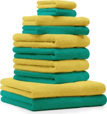 Produktbild von Betz Premium Classic Frottier Handtuch-Set 10-teilig - 2X Liegetücher - 4X Handtücher - 2X Gästetücher - 2X Seiftücher - smaragdgrün und gelb