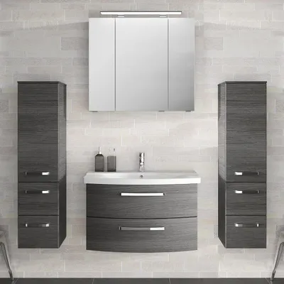 Produktbild von Badezimmer Komplett-Set mit 80cm Keramik Waschtisch, Spiegelschrank inkl. LED & 2 Midischränken FES-4010-66 in Graphit Struktur