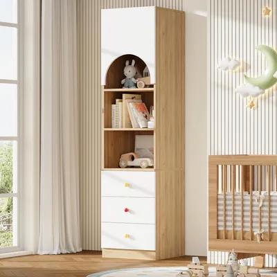 Image de Bibliothèque - 50 x 50 x 200 cm, blanc/bois - 3 tiroirs et poignées en céramique - porte en arc