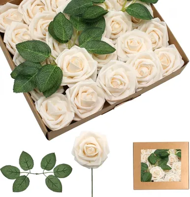 Produktbild von Kunstblumen Rose - 25 Stück - Seidenrosen mit Stiel und Blättern - Künstliche Blumen - Champagnerfarbe