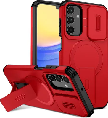 Produktbild von Magnetisch Hülle für Samsung Galaxy A15 5G/4G, Dual Layer Stoßfest Handyhülle mit Dia Kameraschutz, Verstellbarem Ständer Rot