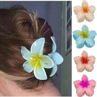 Image de Barrettes - Lot de 4 grandes barrettes pour femmes - Fleurs hawaïennes en 4 couleurs (8 cm)