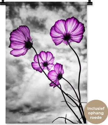 Produktbild von MuchoWow® Wandteppich Wandbehang Blumen - Schwarz - Weiß - Lila 60x90 cm Tapisserie Dekoration Wandtuch - Foto-Teppich - Abwaschbar