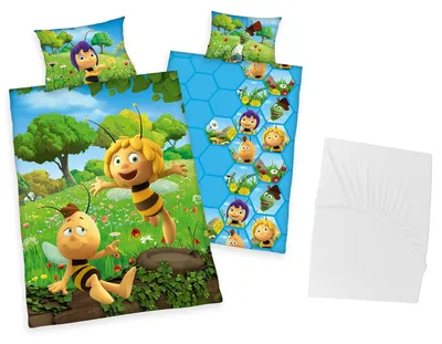 Produktbild von 3 tlg Baby Bettwäsche Set - Biene Maja - Renforcé - 40x60 100x135 cm + 1 Spannbettlaken weiß 60x120 - 70x140 cm