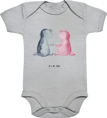 Produktbild von Mr. & Mrs. Panda Strampler Baby Axolotl Liebe 12. - 18. Monat - Heather Grey - Geschenk, Kurzarmbody, Schwanzlurch, Valentinstag, babykleidung body, Babybody, overall