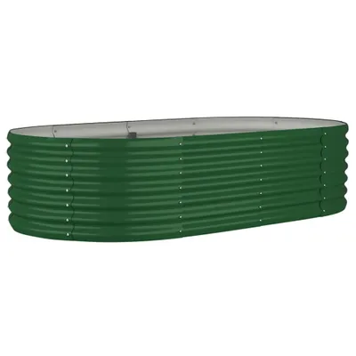 A green, oval-shaped raised garden bed made of corrugated metal.