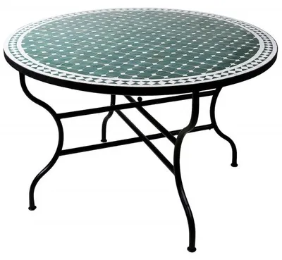 Productafbeelding van Marokkaanse mozaïek tuintafel, diameter 120 cm, groot, rond, inklapbaar | Ronde, inklapbare mozaïek eettafel, Mediterrane stijl | Geschikt als inklapbare tafel voor balkon of tuin | Marrakech, groen en wit, 120 cm