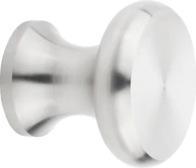 A close-up shot of a brushed stainless steel cabinet knob.