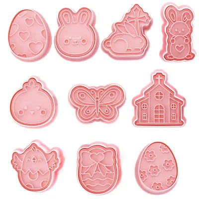 Produktbild von 10-teiliges Oster-Ausstechformen-Set, Oster-Ausstechformen, Sandwichformen, 3D-Ausstechformen aus Kunststoff, Backformen, Zubehör für Cupcakes, Ei, Hase, Schmetterling