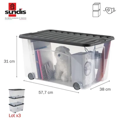 Image de Lot de 3 bacs SUNDIS polypropylene transparent l.38 x H.31 cm, 50 l