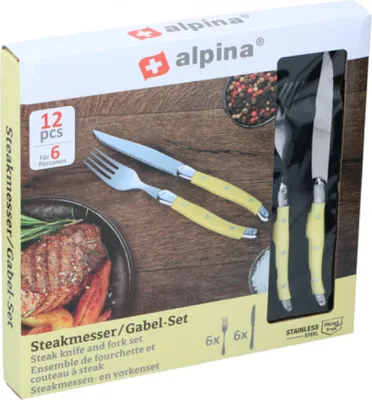 Produktbild von Alpina 12 tlg. Steakbesteck Steakmesser Steakgabel Besteckset Gelb