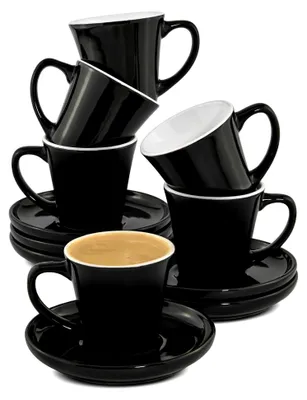 Produktbild von Espressotassen Set 6er Schwarz mit Untertassen - Keramik - Hält Lange Warm - Stapelbare Mokkatassen - Spülmaschinenfest - Espressotassen mit Henkel - Geschenkbox - 70ml