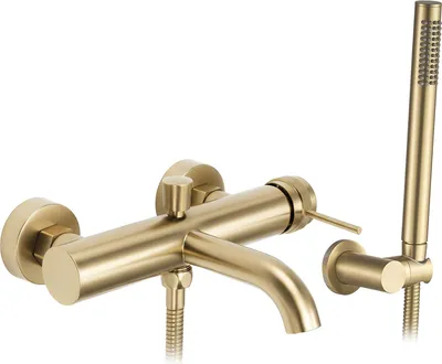 A gold-colored bathtub faucet with a handheld showerhead, shown against a white background.