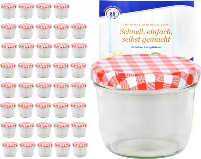 A collection of small glass jars with red and white checkered lids, alongside a product box.