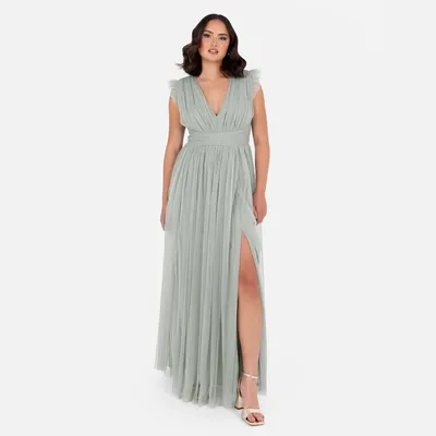 Produktbild von Anaya with Love Damen Maxikleid, Damenkleid, V-Ausschnitt, kurze Ärmel, mit Schleppe, aus Tüll, A-Linie