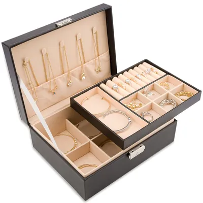 Produktbild von Schmuckkasten Schmuckbox Schmuckschatulle - 2 Ebenen - Kunstleder mit Schloss - 23 x 17 x 9 cm - Für Ringe, Ohrringe und Ketten