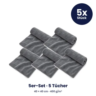 Produktbild von Mikrofasertuch Auto Korallenfleece 40 x 40 cm, 400 g/m² – weiches Poliertuch & Trockentuch für Lack, Scheiben & Innenraum – Grau, 5er-Set