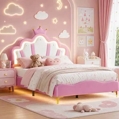 Productafbeelding van INONEFT Kinderbed 140x190 cm, gestoffeerd bed met lederen bekleding, prinsessenbed met een kroonvormig hoofdeinde, tienerbed, eenpersoonsbed met lattenbodem, in de kleur roze